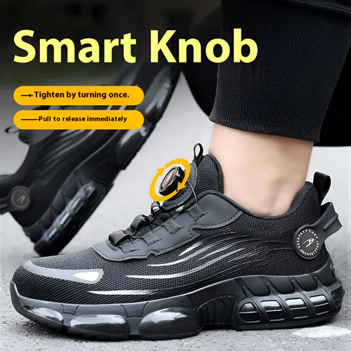 Anti-smash anti-puncture TPU Flyknit mesh work shoes in black and grey, Knob series safety footwear