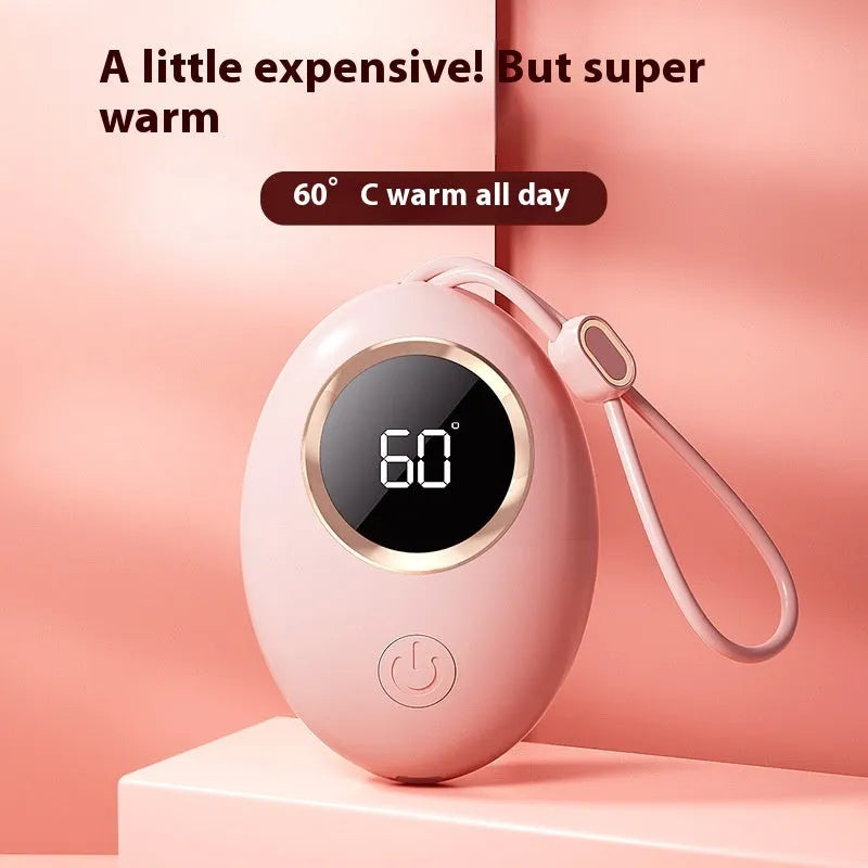 USB digital display hand warmer power bank in pink, showing aluminium heating plate