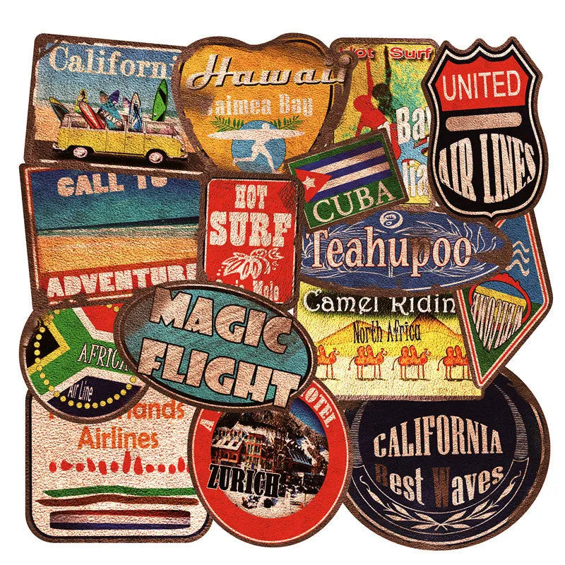 Set of 36 large retro-themed beach and surfing stickers on a sheet, ranging from 6 to 10 cm in size.