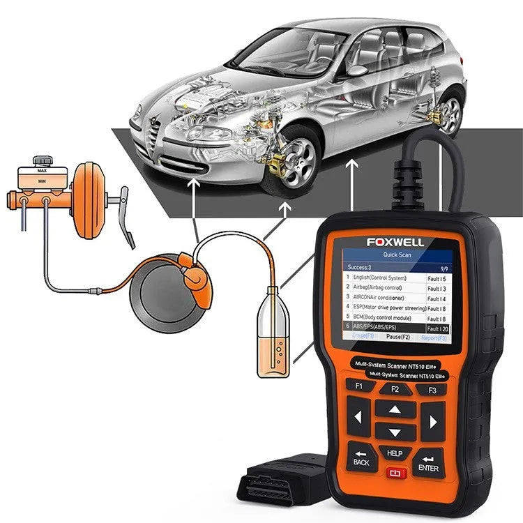 Foxwell NT510 orange and black automotive OBD2 diagnostic scanner with data cable