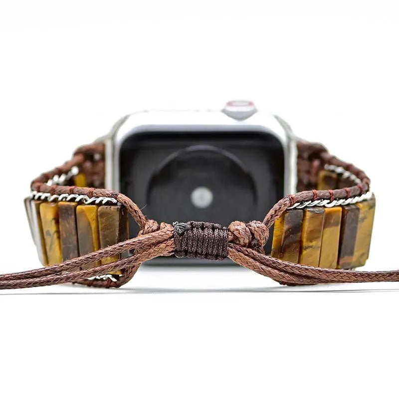 Rectangular tiger eye stone chain on an adjustable textile watch strap bracelet