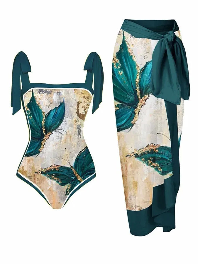 Women's floral print chiffon swimsuit two-piece set with matching hip skirt