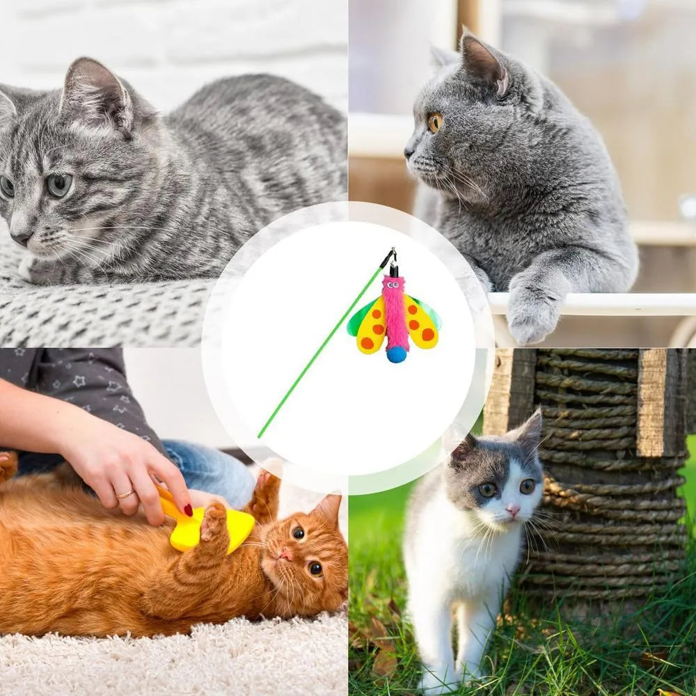Blue cat wand toy with a dragonfly-shaped attachment and bell on a 49cm stick