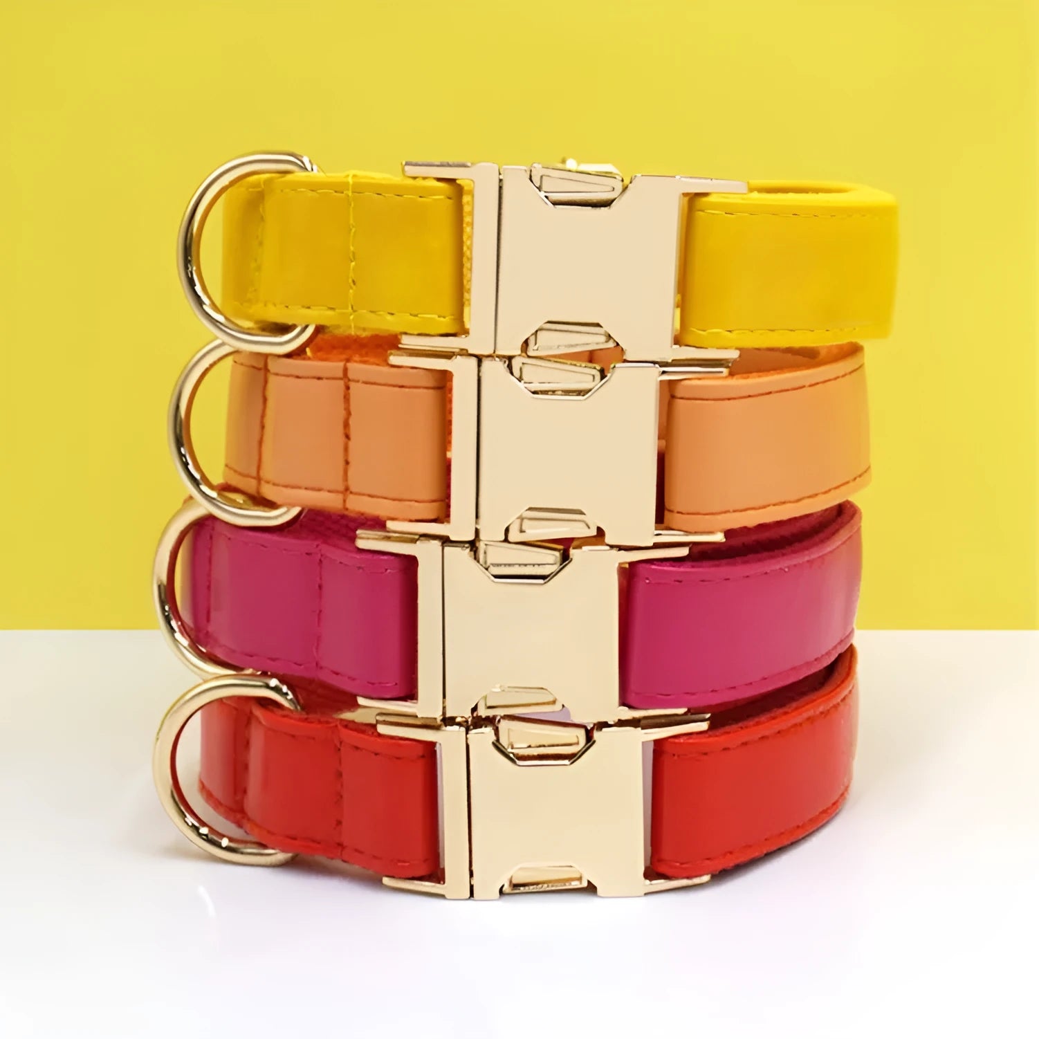 Leather Velvet-style dog collar shown in multiple colour options including caramel, dark blue, and dark brown.