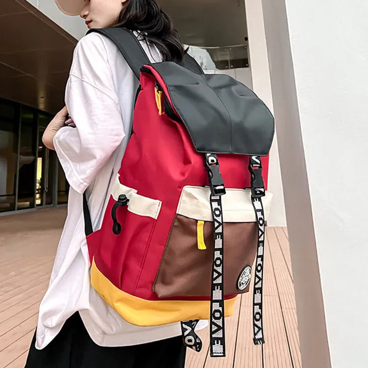 Oxford cloth backpack in black, green, or red, showing handheld and shoulder straps
