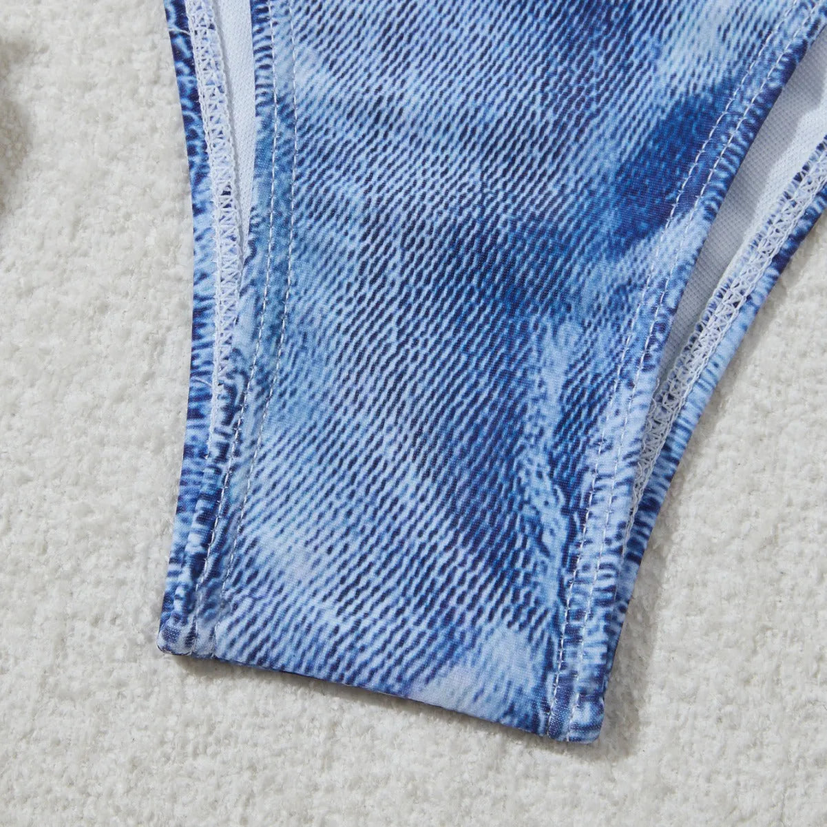 Women's denim blue printed halter neck bikini set with adjustable side-tie briefs
