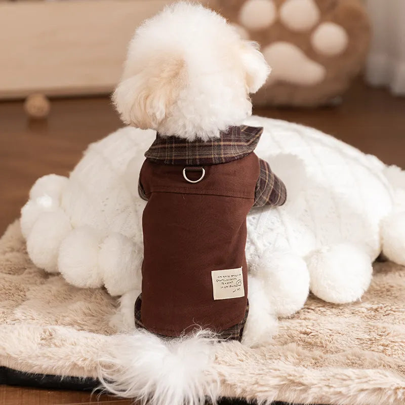 Autumn winter dog skirt with check pattern and thermal wool lining, featuring stretchable knitted fabric for small and medium dogs