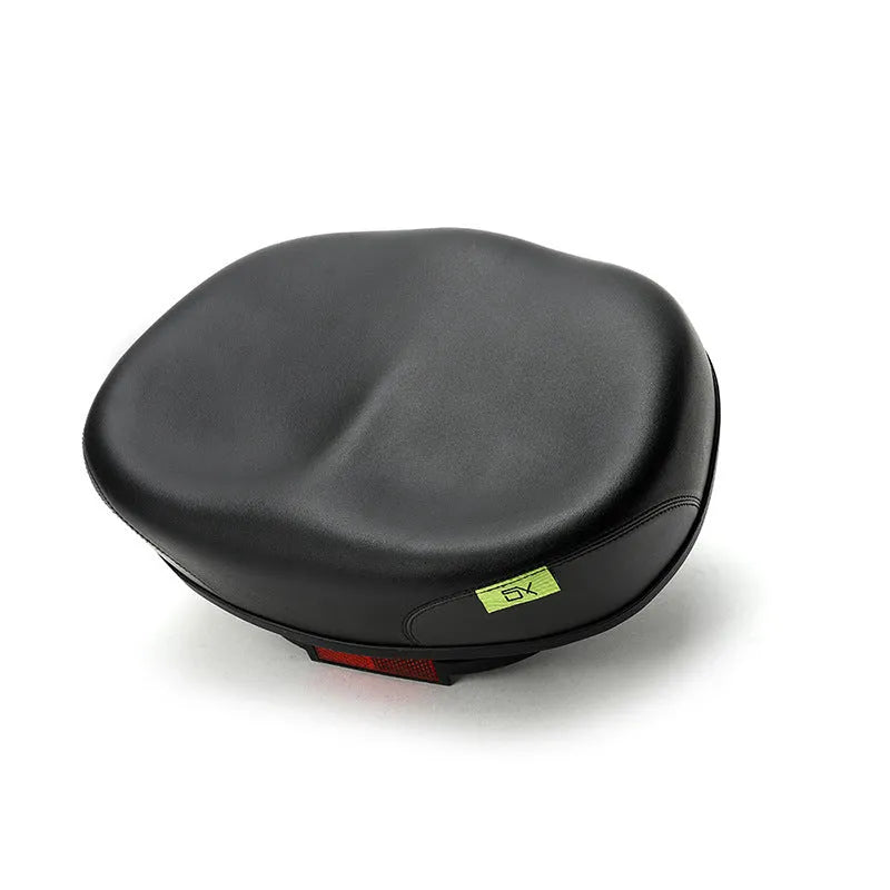 Red mountain bike saddle with thickened cushioning and reflective stickers, showing 210x270mm dimensions