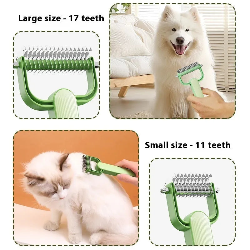 Green and grey dog grooming comb with stainless steel teeth for removing mats and tangles.