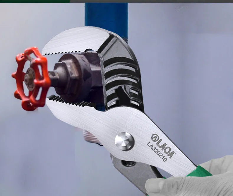 Adjustable water pipe wrench set showing four size options with CR-V steel construction and multi-gear adjustment mechanism