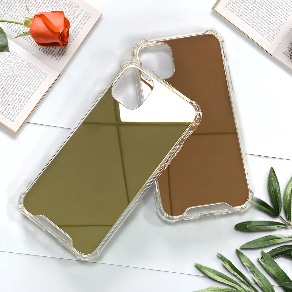 Silver mirror finish hard PC phone case for Apple iPhone on a table.