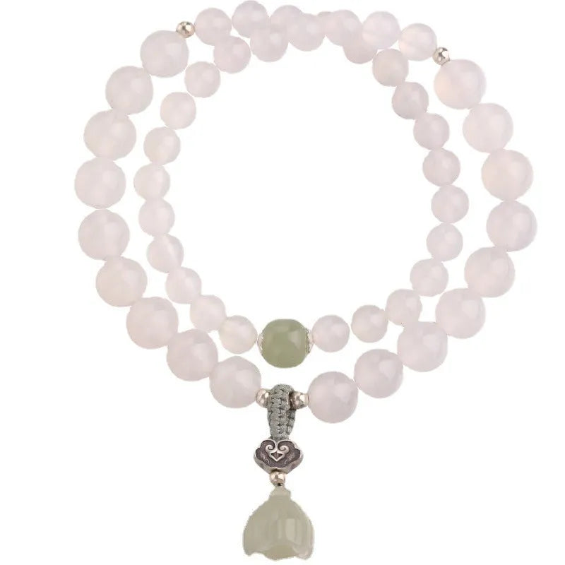 Original design women's bracelet in S925 sterling silver with white agate and Hetian jade geometric lotus pattern