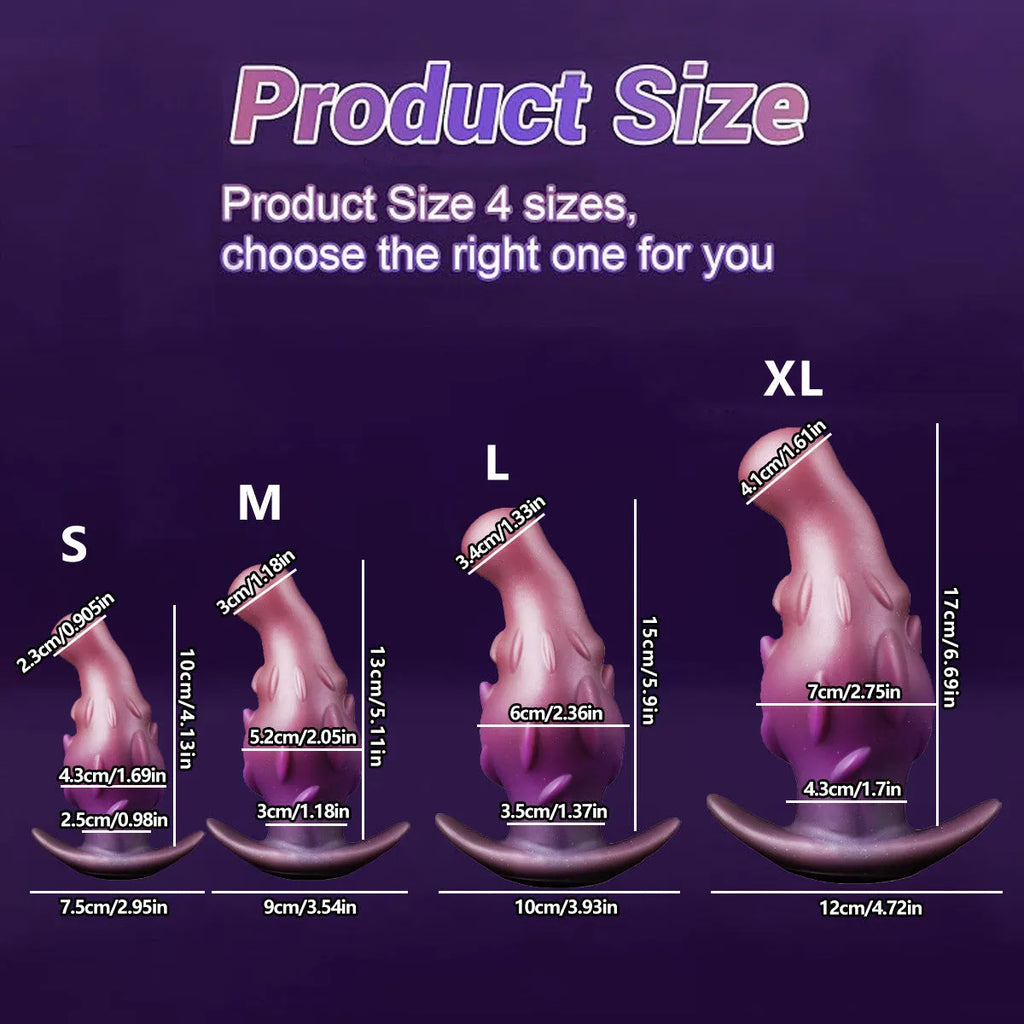 Unisex adult silicone masturbator in black, gold, or purple, shown in sizes S, M, L, and XL.