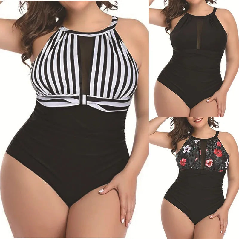 Women's black, red flower, and striped polyester lace one-piece swimsuit for European and American sizing.