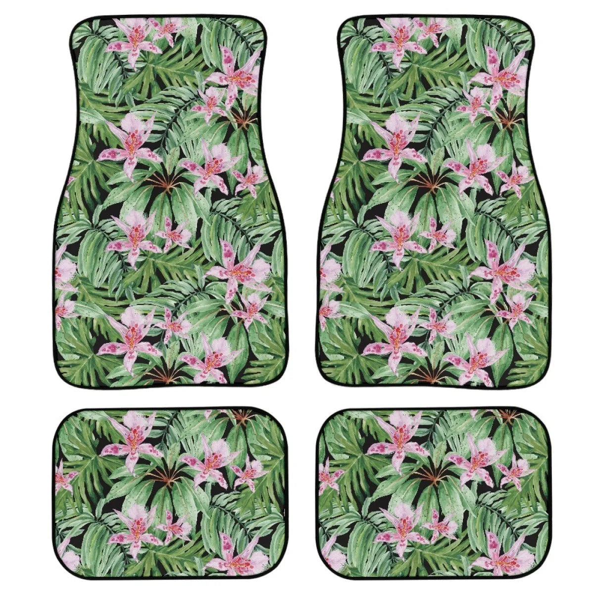 Four-piece set of black printed rubber car floor mats with a 20mm thickness and waterproof lining.