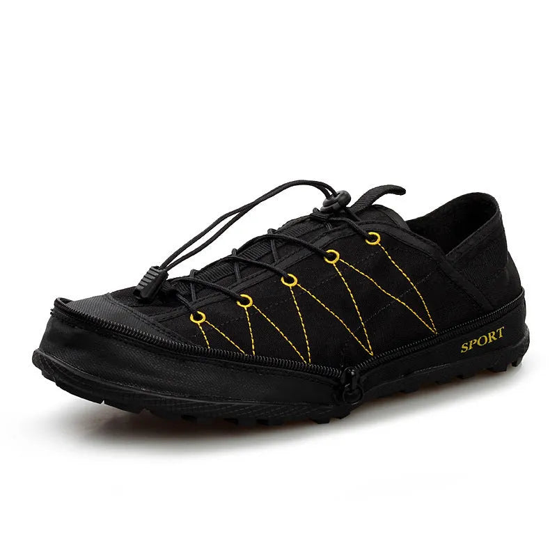 Orange folding outdoor hiking shoe with side zipper, shown next to its compact folded state