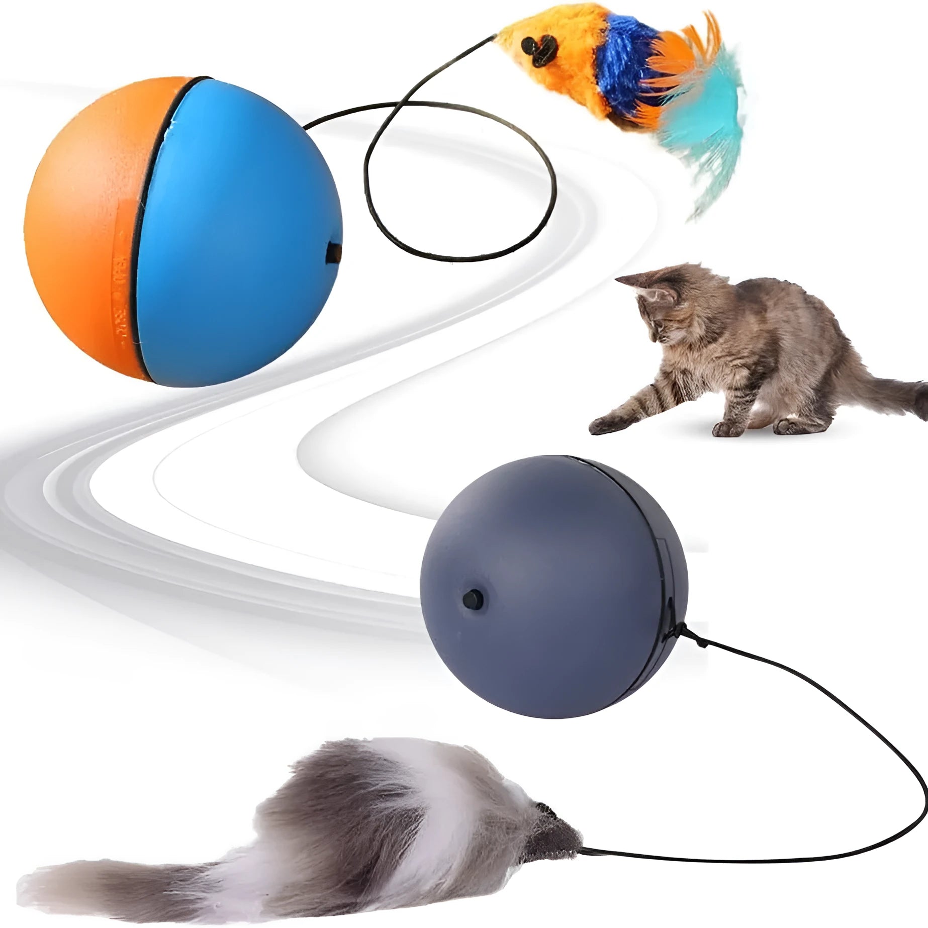 Interactive self-rolling cat ball toy in Blue Orange and Gray colours on a white background