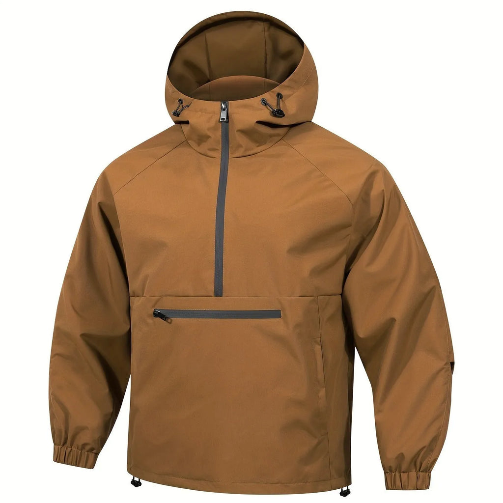 Man wearing a light grey loose half-zip hooded corduroy jacket with rabbit fur, Korean style.