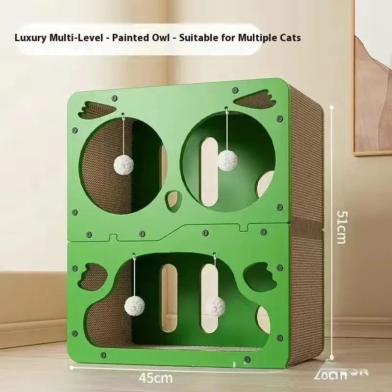 Double layer cat scratching board with built-in nest in owl design style