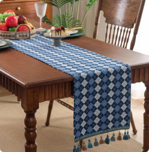 European country style table runner with handwoven tassels in cotton-polyester blend fabric