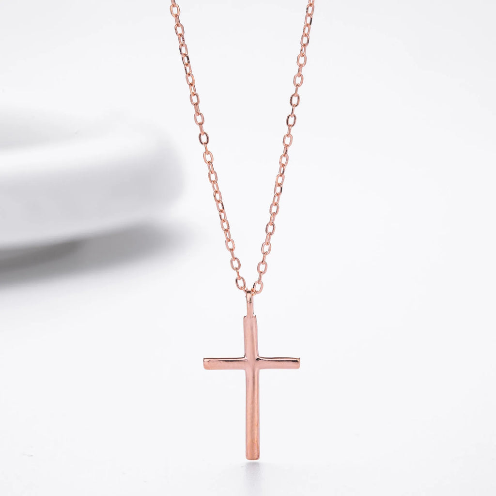 S925 sterling silver necklace with simple cross pendant on O-chain in gold, platinum, or rose gold plating