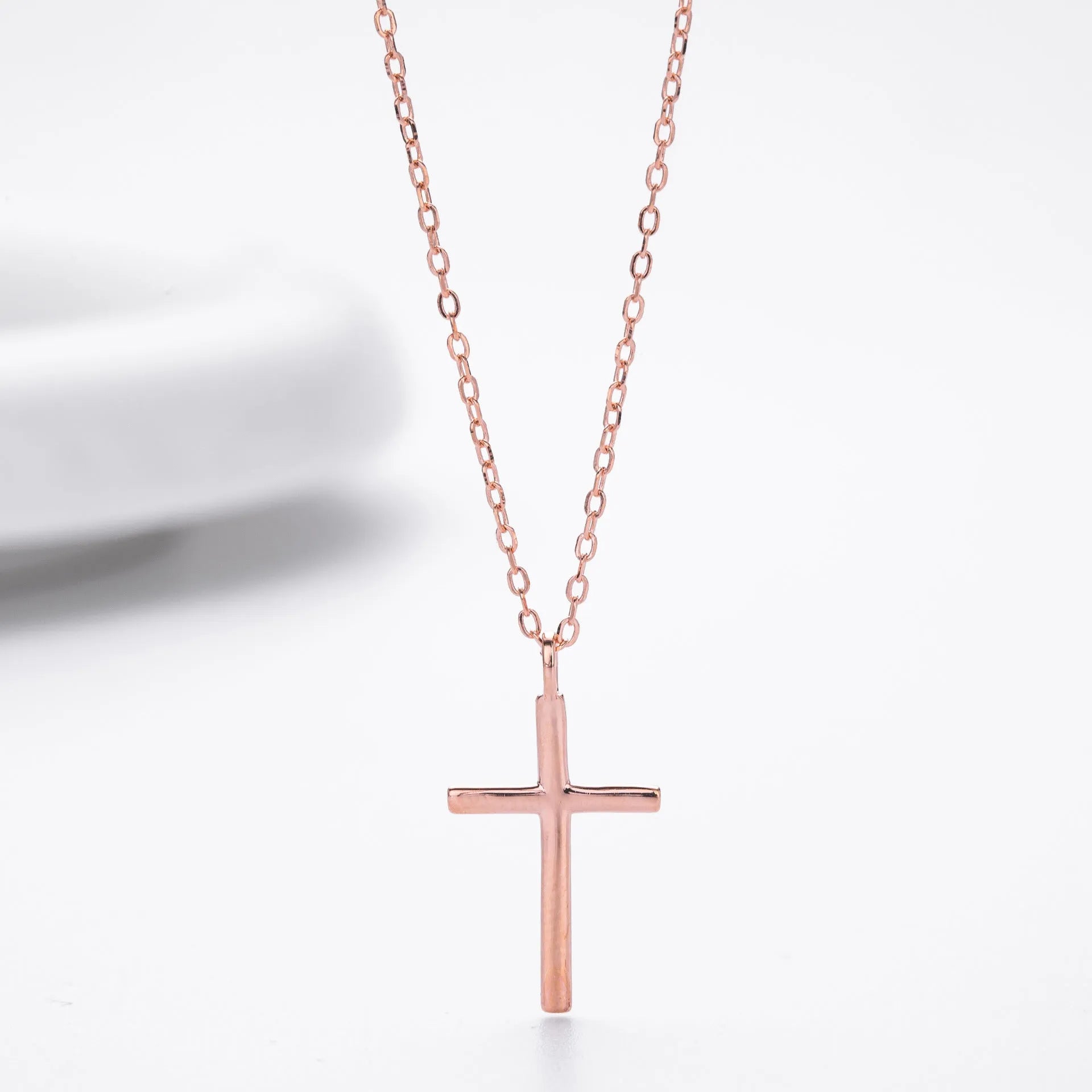S925 sterling silver necklace with simple cross pendant on O-chain in gold, platinum, or rose gold plating