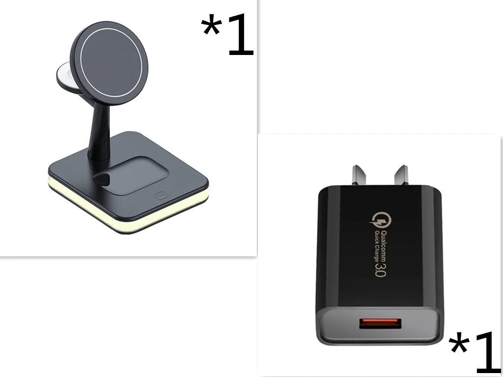 3-in-1 wireless charger magnetic bracket charging smartphone, watch, and earbuds on a desk