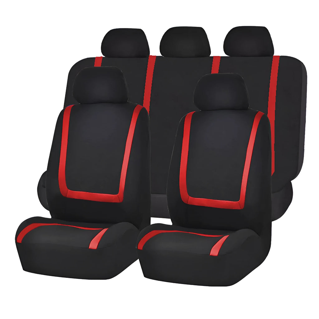Universal fabric car seat cover set showing headrest and seat panels in a two-tone colour option