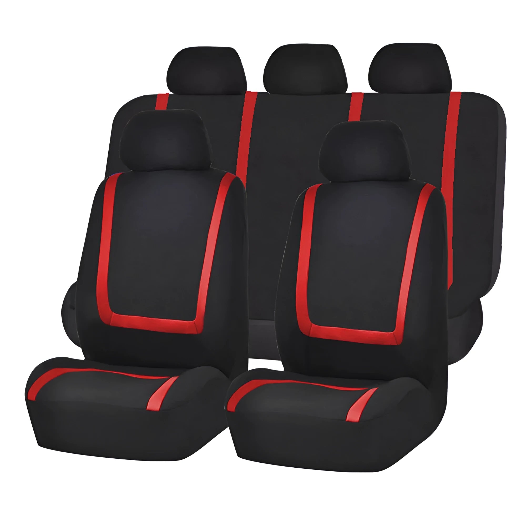 Universal fabric car seat cover set showing headrest and seat panels in a two-tone colour option