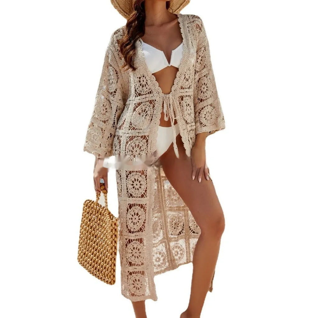 Women's apricot beach bikini set with long sleeve cotton shirt and embroidered detail