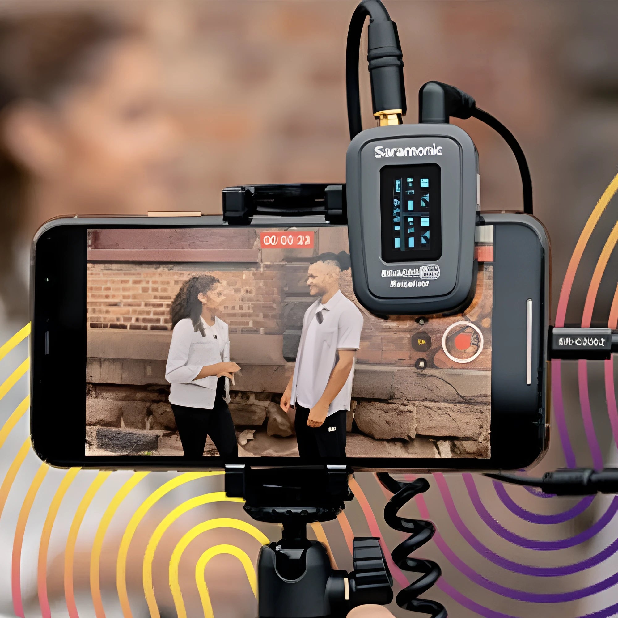 Small black wireless microphone transmitter and receiver kit for lapel clip audio recording.