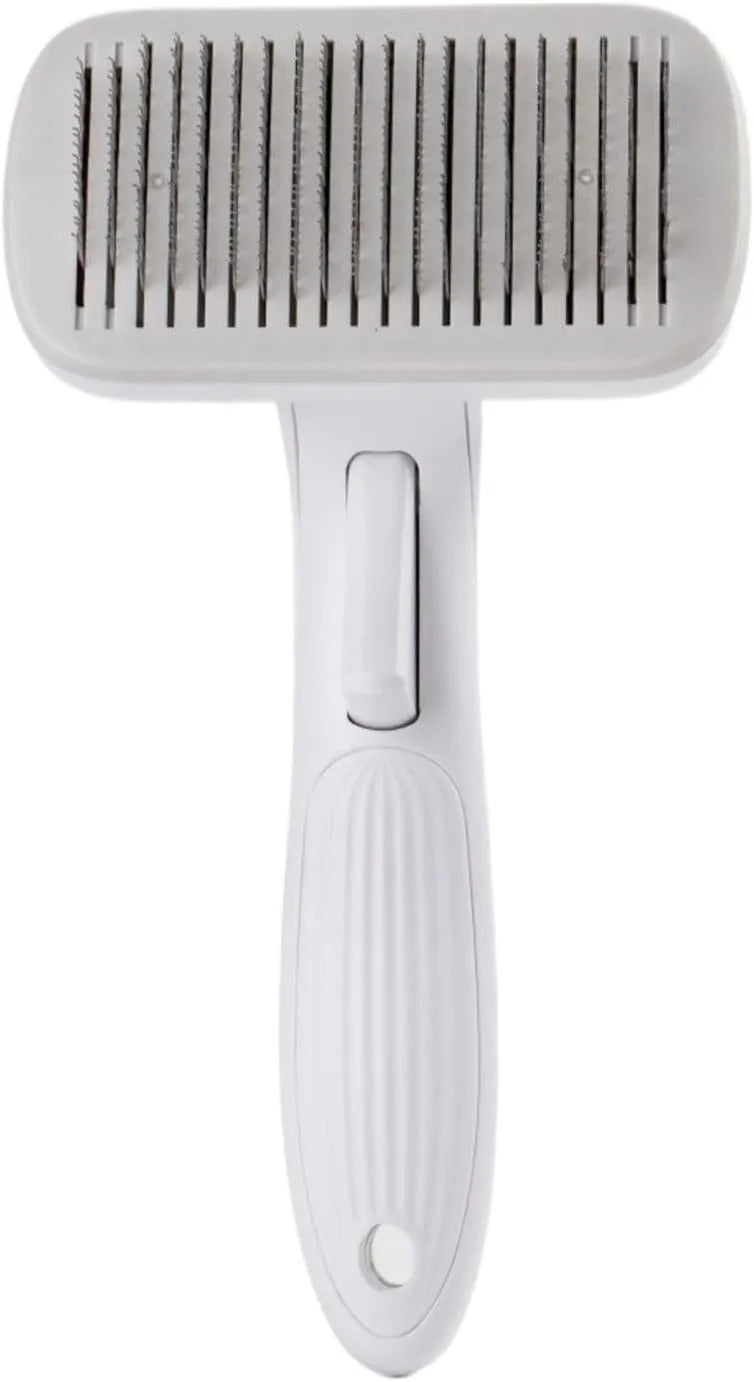 Automatic pet hair removal comb for dogs and cats showing colour options and dimensions
