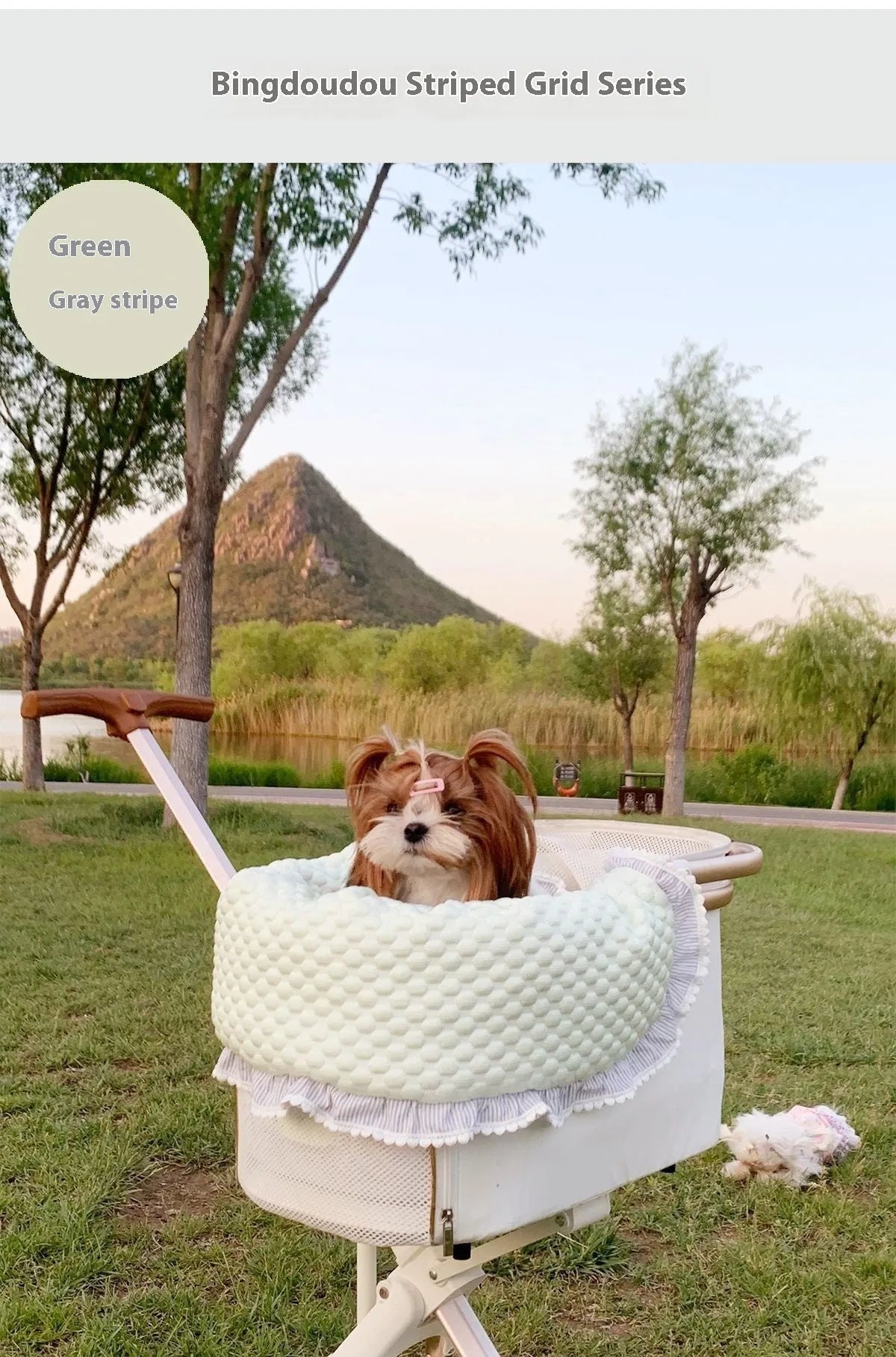 Pet stroller three-piece set showing removable towel, cushion and pillow in floral pattern