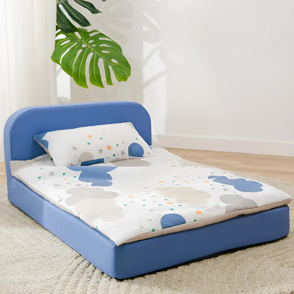 Sponge pet bed with blue starry sky pattern, washable twill peach skin cover, and anti-slip Oxford fabric bottom