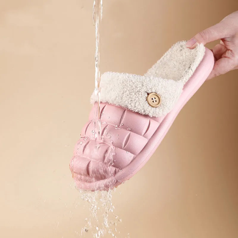 Plaid detachable EVA house slippers with plush lining, shown in assorted colours.