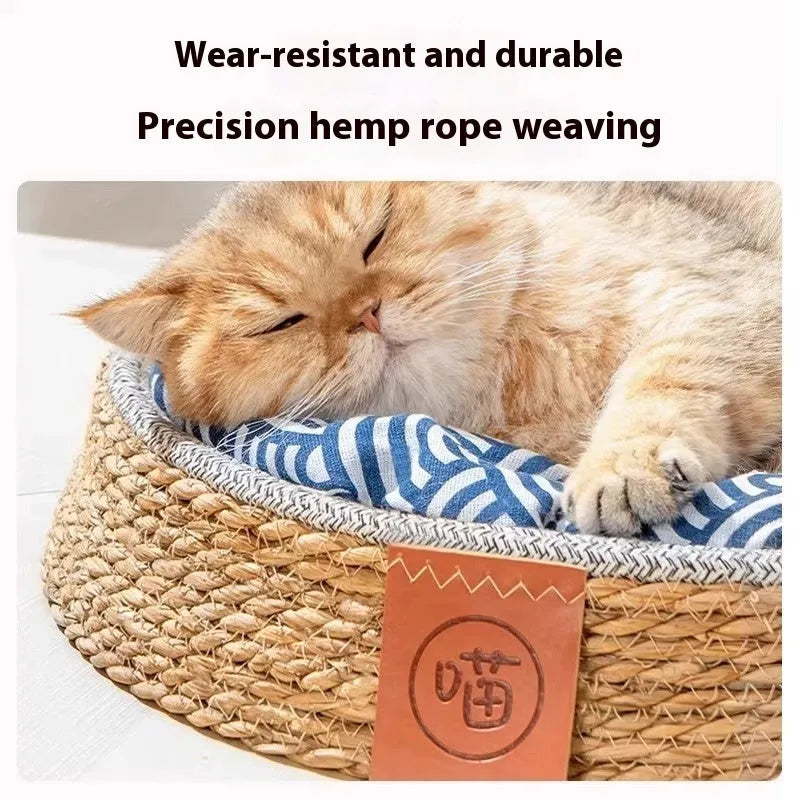 Rattan woven cat bed or nest for pets, shown in a neutral colour, suitable for small to extra-large cats.