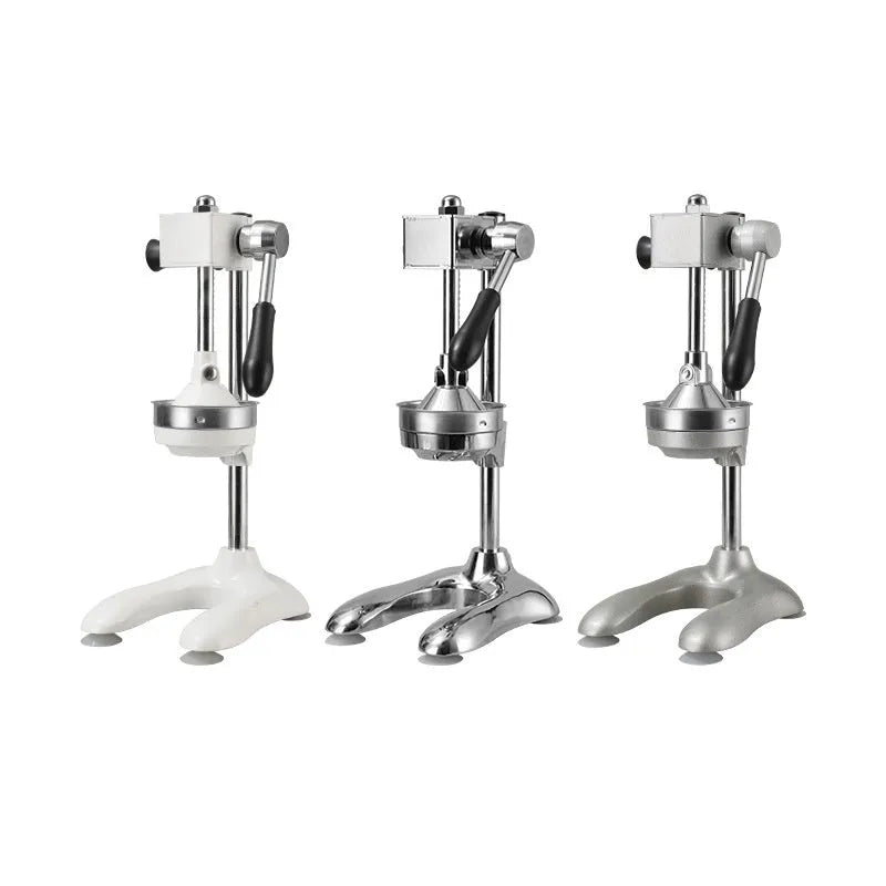 Vertical stainless steel manual juicer showing colour options and tip style variations