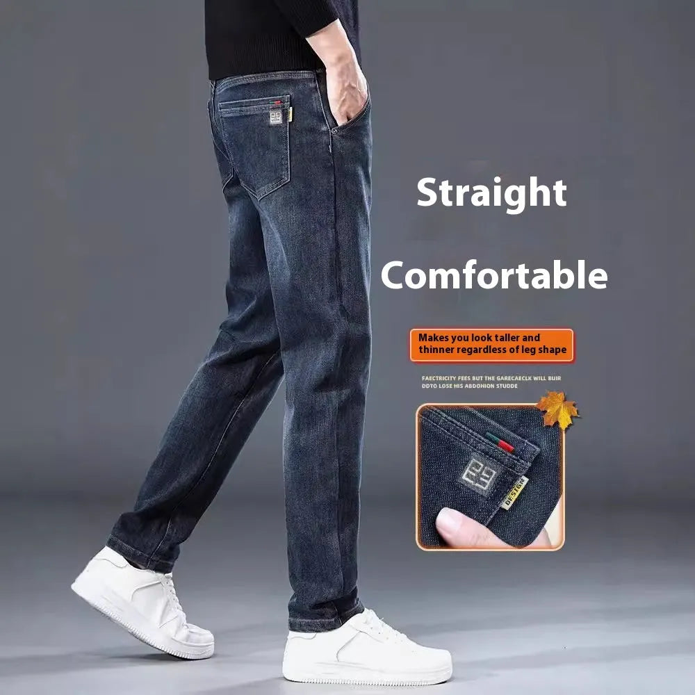 Blue gray slim straight casual men's trousers on a hanger, showing mid-waist fit and zipper fly.