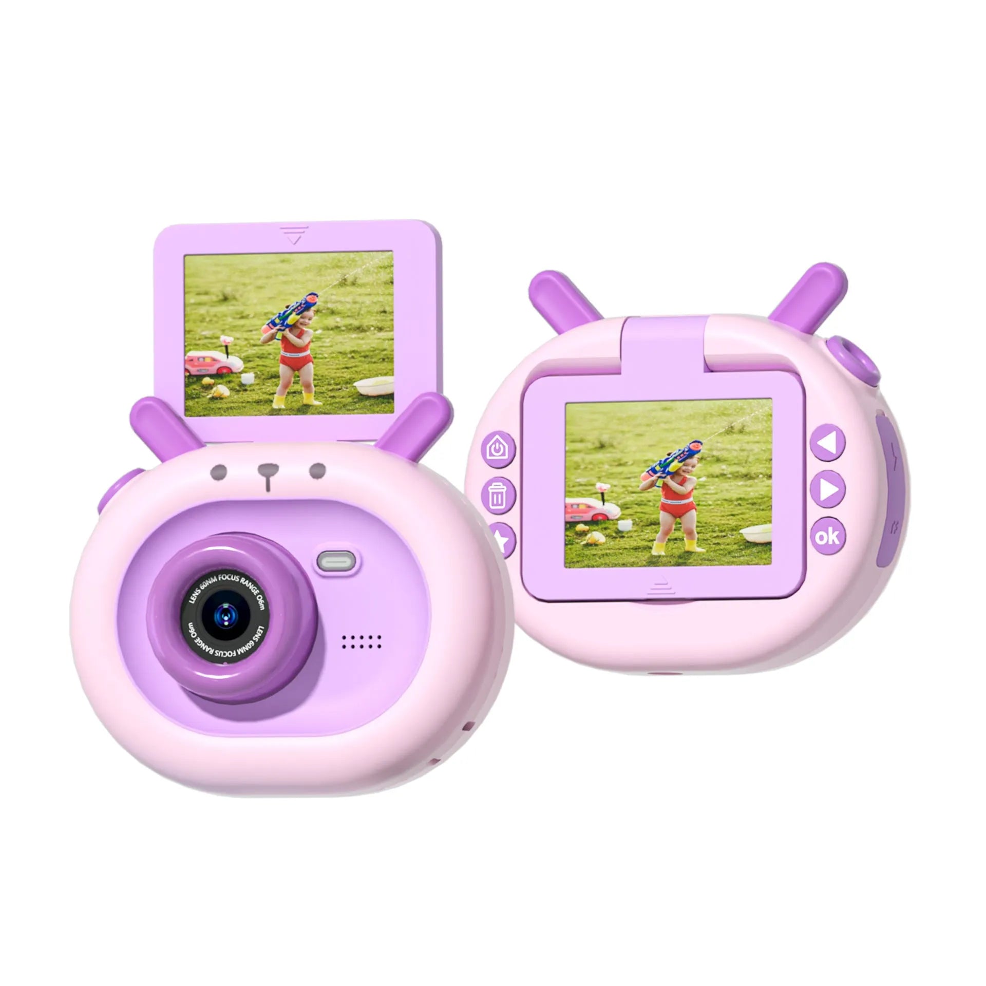 Purple children's digital camera with flip screen shown with silicone case and lanyard