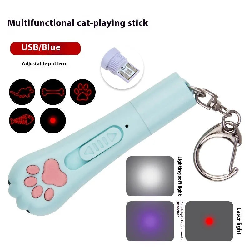 Infrared cat teasing wand with laser pointer and LED moonlight lamp showing pet footprints design