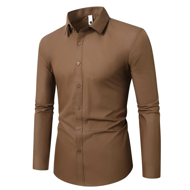 Men's slim fit long-sleeve linen shirt on a hanger, available in multiple colours and sizes up to 5XL.