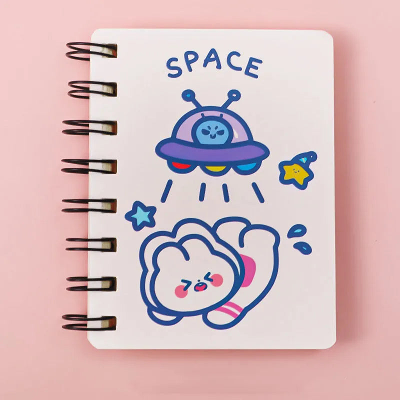 Astronaut-themed portable pocket flipper notebook showing 10.5x8cm size and cover design options