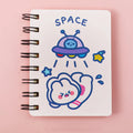 Astronaut-themed portable pocket flipper notebook showing 10.5x8cm size and cover design options