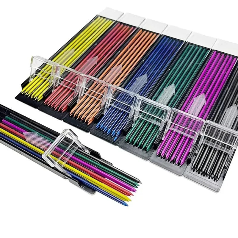 Boxed set of 12 rainbow coloured mechanical pencil replacement leads for drawing and writing