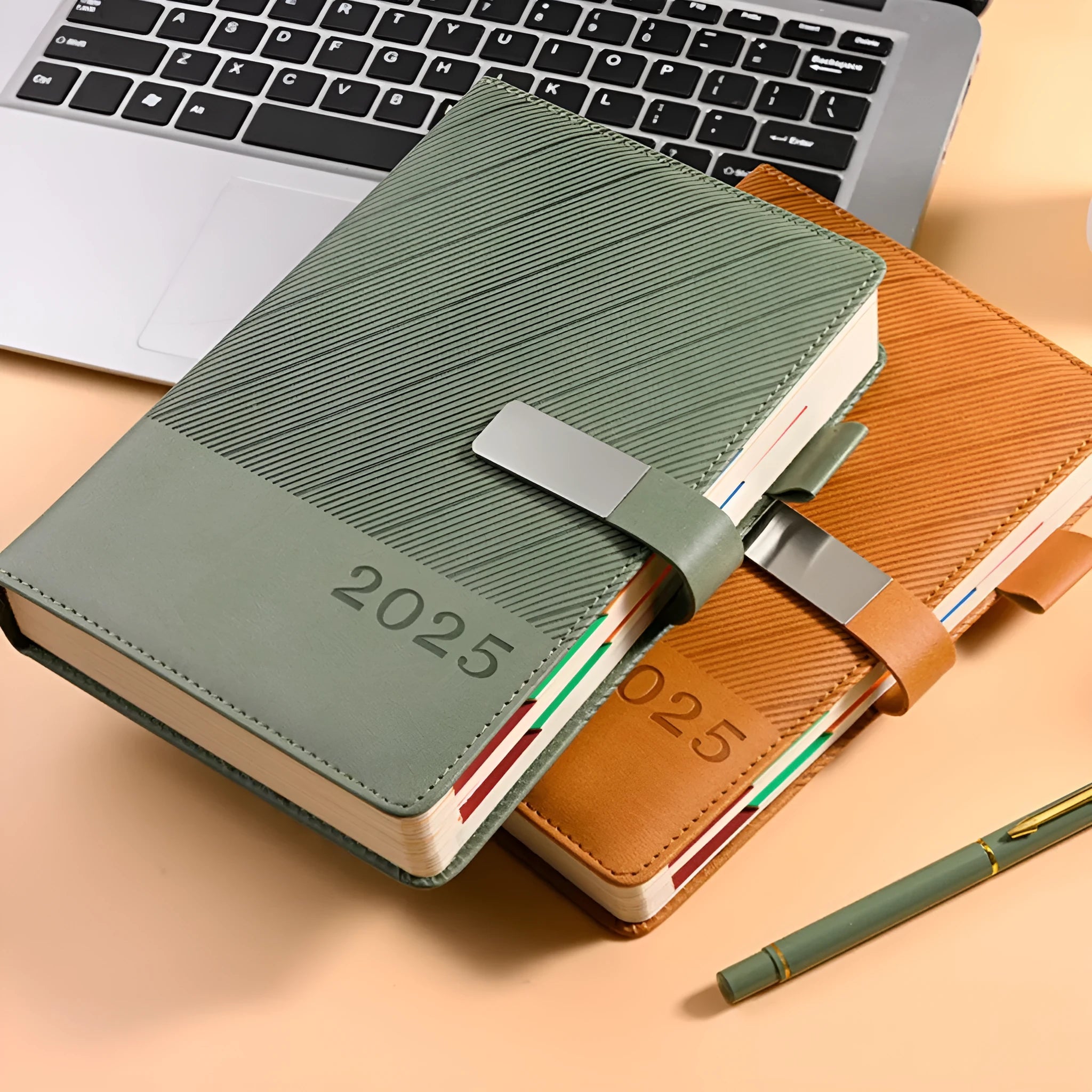 Striped PU leather office notepad open showing 80g wood-free paper with 204 sheet capacity