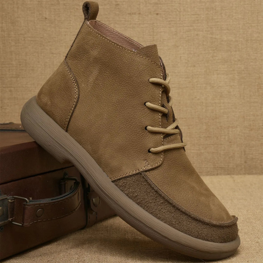 Grey retro leather Martin boots with wedge heel and lace-up front