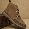 Grey retro leather Martin boots with wedge heel and lace-up front