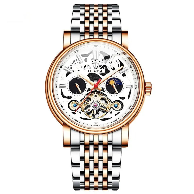 Men's casual tourbillon mechanical watch with luminous hands on a black leather strap.