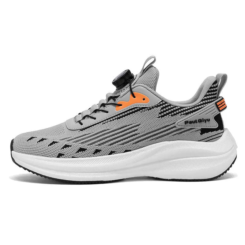 Men's rotating buckle Fly-knit mesh casual sports running shoes in low top design with TPU popcorn sole