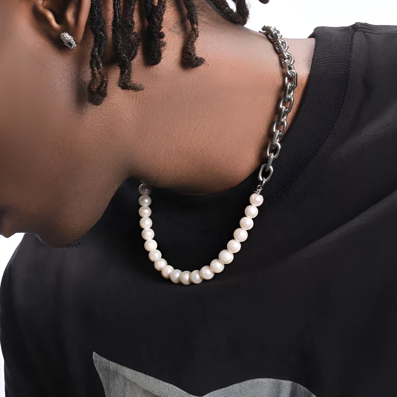 Unisex natural pearl necklace with titanium steel, white pearls 8mm width, 45cm or 50cm length